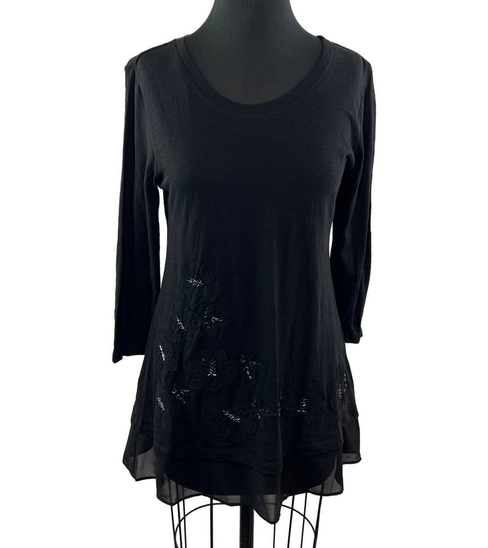 NWT LOGO by Lori Goldstein Black Embellished 3/4 Sleeve Chiffon Tunic Top Sz XS